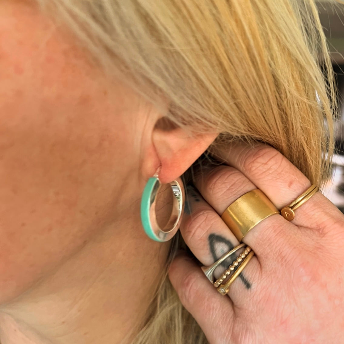 Chunky Turquoise Blue Enamel Hoop Earrings